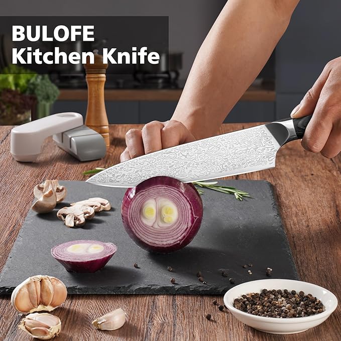 8 Inch Chef Knife, Kitchen Knife with Sharpener and Finger Guard, Professional Steel Sharp Chef's Knife Set with Ergonomic Handle, Gifts for Mom/Dad, Black
