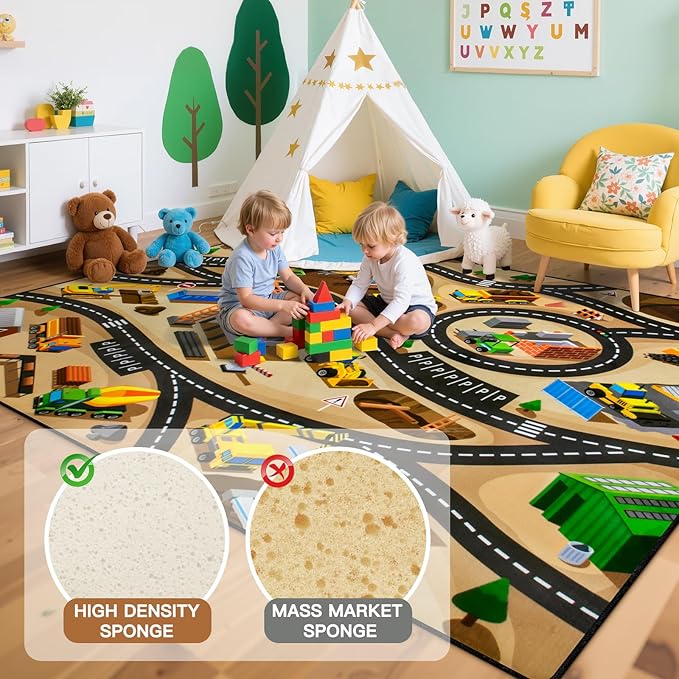 Kids 3x5 Ft Construction Site Car Rug - Extra Thick (0.4in),Tufted Wool & Rubber, Non-Slip, Stain & Fade Resistant, Machine Washable, Rustic Cartoon Construction Site Pattern