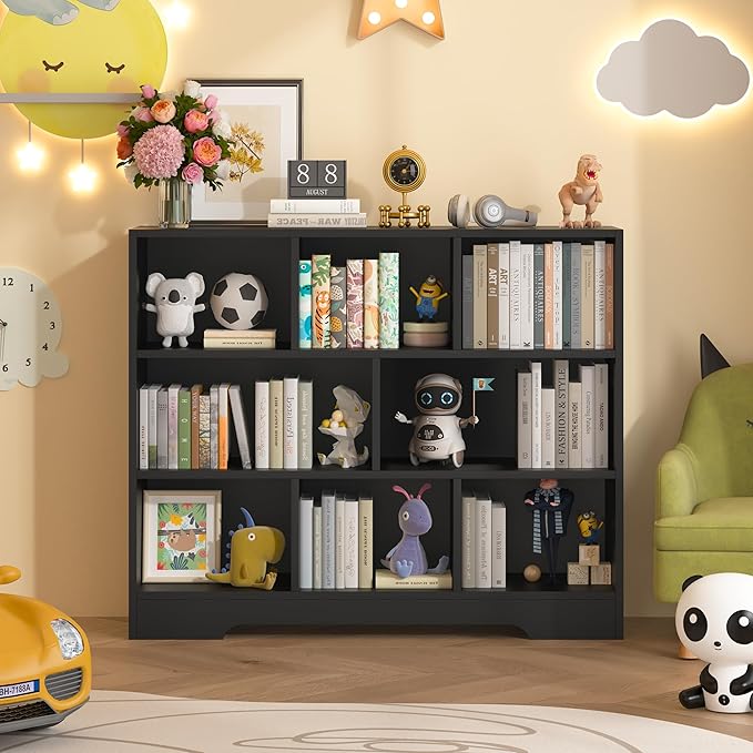 Kids Book Shelf Set of 2, 8 Cubes Storage Organizer Montessori Shelf, 3-Tier Wooden Kids Bookcase, Toy Storage Organizer for Children, Black Toddler Bookshelf Cube Shelf for Kid’s Room, Classroom