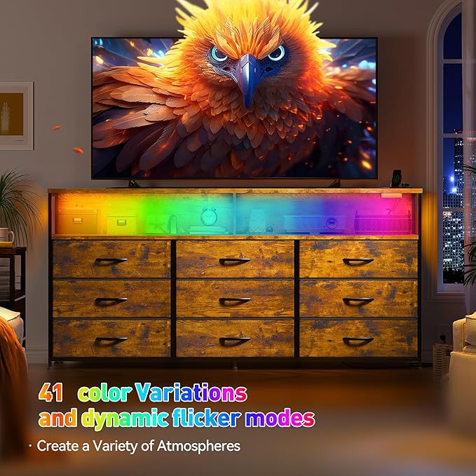 EnHomee 55” W Dresser for Bedroom with Charging Station & LED, 65" TV Stand for Bedroom with 9 Fabric Drawer & Open Storage Shelves for Closet, Rustic Brown, 11.81" D x 55.12" W x 35.43" H