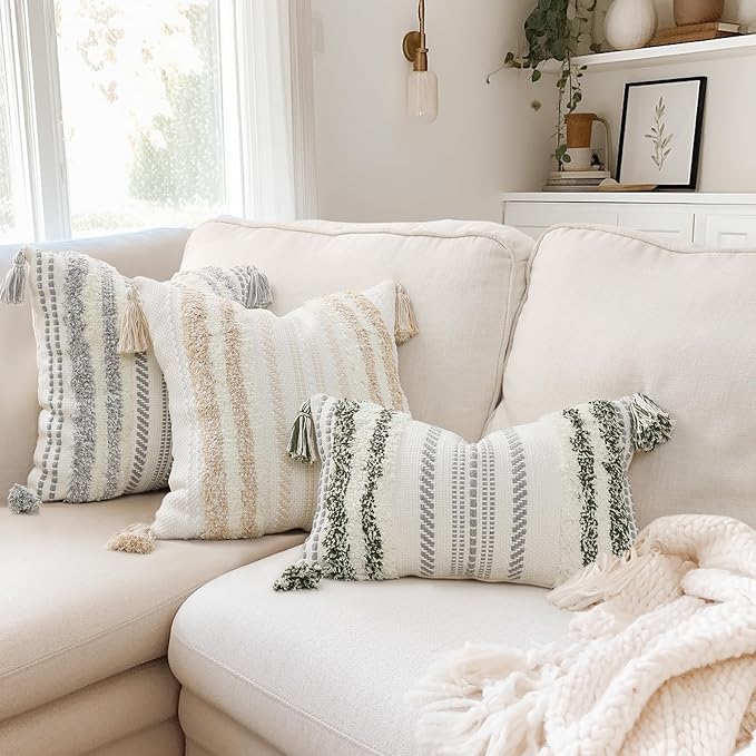 decorUhome Decorative Boho Throw Pillow Cover 12x20, Lumbar Accent Neutral Textured Tufted Pillow Cover Striped for Couch Bed Sofa, Green and Cream White, Pack of 1