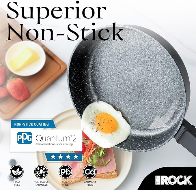 THE ROCK SOHO 11-Inch Non Stick Frying Pan with Lid – Nothing Sticks, Never Warps, Lasts Longer, Healthy Skillet with Heat-Resistant Handle, PFOA Free, Oven & Dishwasher Safe, Black