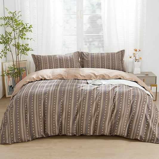 SAPHREAS Brown Stripe Duvet Cover Set Twin Size 2pcs Floral Pattern Bedding Comforter Cover Set 100% Cotton 1 Duvet Cover 68"x90" 1 Pillow Sham, Comforter Not Included