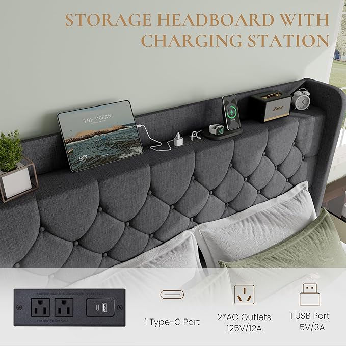 SHA CERLIN King Size Platform Bed Frame with Charging Station, Velvet Wingback Headboard with Storage Shelf, Wooden Slats Support, Ample Under-Bed Space, No Box Spring Needed, Easy Assembly, Dark Grey