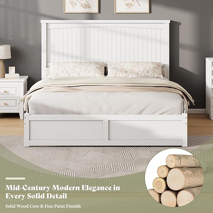 AMERLIFE King Size Solid Wood Bed Frame with 50" Tall Headboard, Mid-Century Modern Bed with Storage, Wooden Platform Bed with 2 Drawers, No Box Spring Needed, White