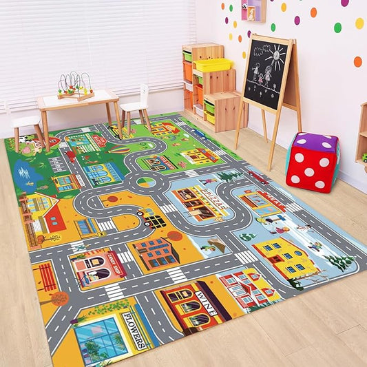 Car Rugs for Kids Toy Cars,Kids Play Rug with Non-Silp Backing, City Road Carpet for Playroom Bedroom Boys, Car Track Map Playmat - 6'7" x 4'11" (Rectangular)