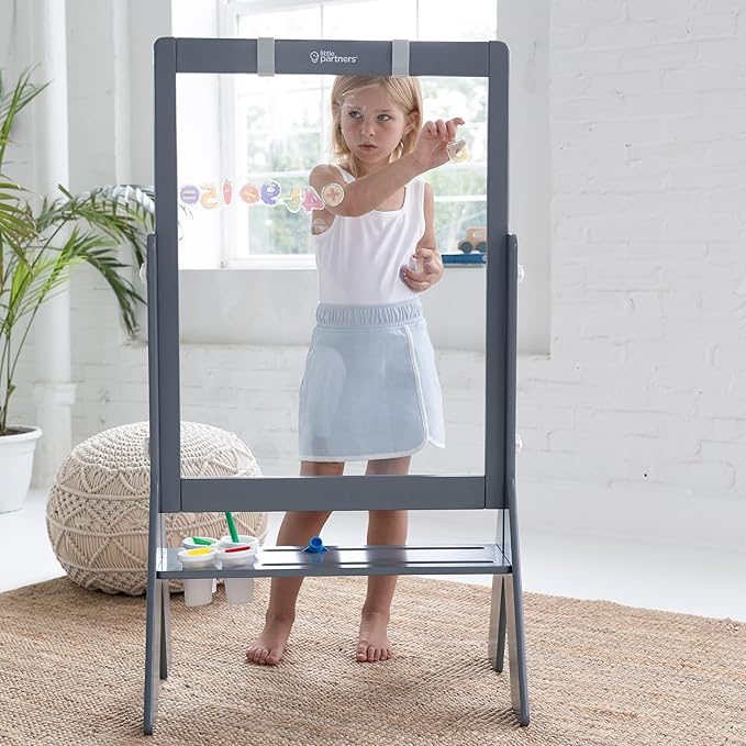 Little Partners Peek-A-Boo Art Toddler Easel, Children's Two-Sided Adjustable Height Clear Acrylic Paint Station for Kids with Built-in Storage, Eraser, Paint Containers (Earl Grey)