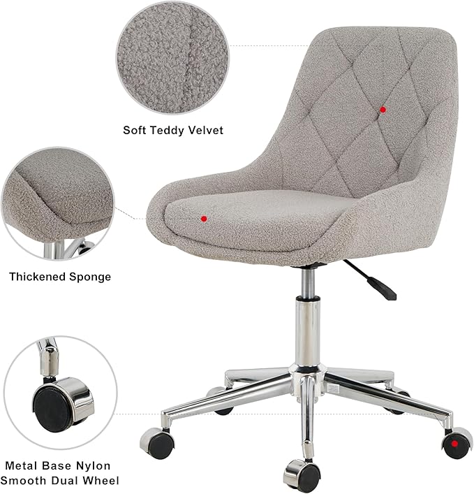 Furnimart 360° Swivel Rolling Desk Chair, Height Adjustable Vanity Chair with Silver Legs, Cute Task Chair with Wheels for Dorm Bedroom Studying Small Places (Teddy Gray)