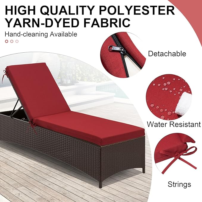 Crestlive Products Chaise Lounge Cushions Outdoor Set of 2, Lounge Chair Cushions for Patio Furniture, Water Resistant Lounger Cushions for Pool, Deck, Lawn, 80''L x 23''W x 3''T, Chili