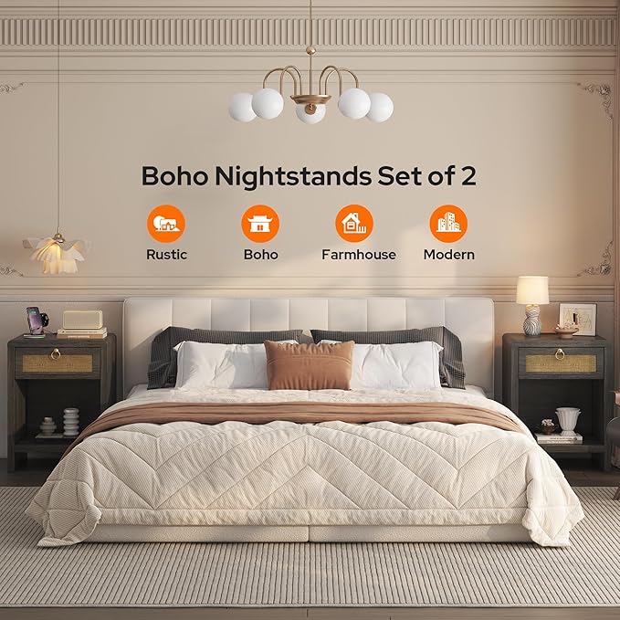 Rattan Nightstand Set of 2, Nightstand with Charging Station, Boho Bedside Table End Table with Drawer and Storage Shelf, Wood End Table Night Stand for Bedroom, Small Space, Grey Oak