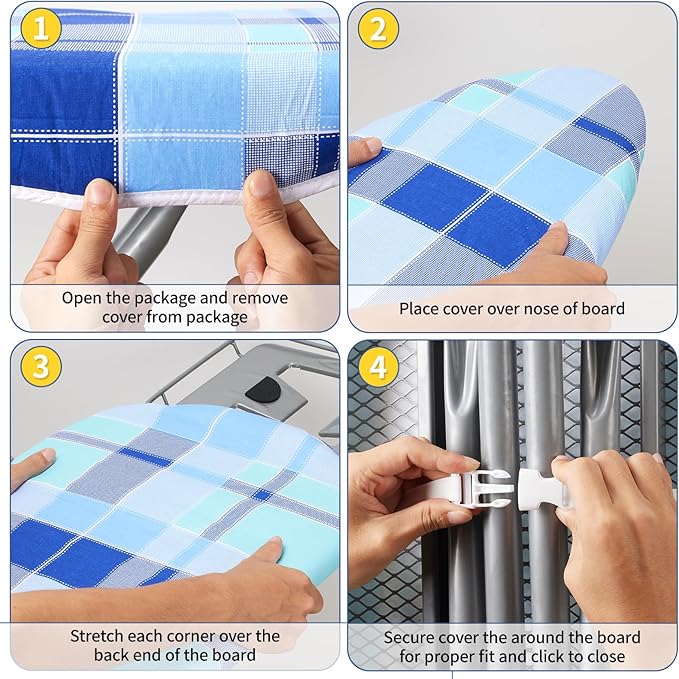 BNDX Ironing Board Cover, 18" x 49" Standard Size Thick Padding with Bongee Cord, Stain Resistant & Durable Scorch, 2 Click Buckles for Smooth Iron and Easy Installation Blue Horizon