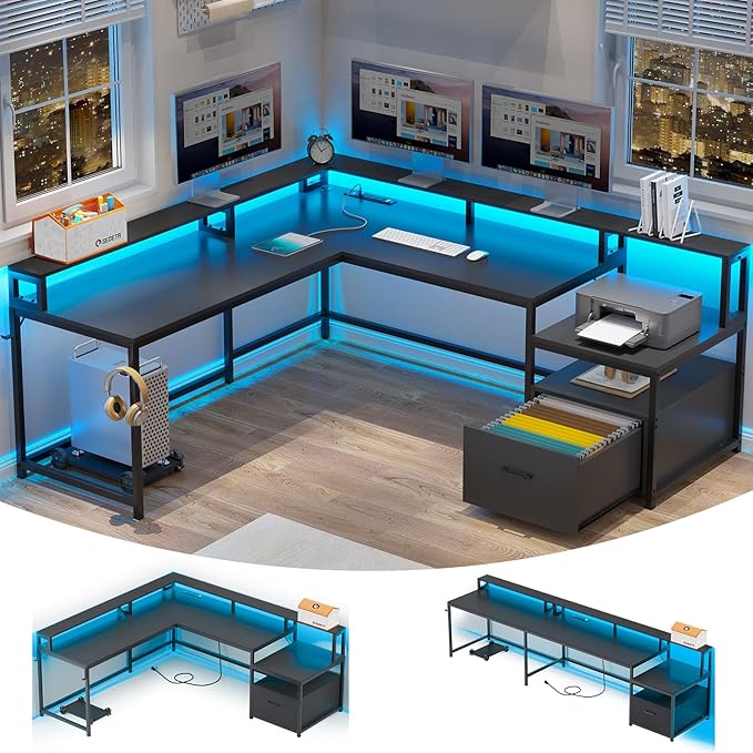 SEDETA L Shaped Gaming Desk, 66" Home Office Desk with File Drawer & Power Outlet, Corner Gaming Computer Desk with Led Lights, Monitor Shelf and Printer Storage Shelves, Two Person Desk, Black