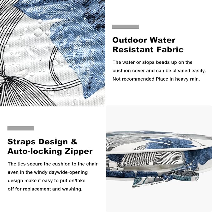 Set of 4 Outdoor Chair Cushions 19"x19"x2",Water Repellent Patio Seat Cushion with Ties and Removable Covers,Dining Chair Cushions for Indoor Kitchen Yard and Patio Furniture,Clemens Noir Blue