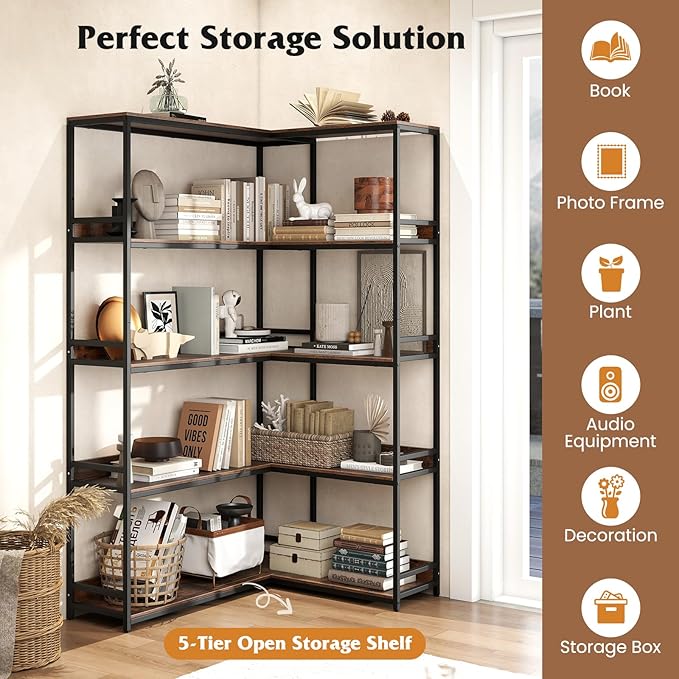 Tangkula Large Corner Bookshelf, 90 Degrees 5-Tier Industrial Wood Open Corner Bookcase for Small Spaces, Heavy-Duty Metal Frame, 71”H L-Shaped Storage Display Rack for Living Room (Rustic Brown)