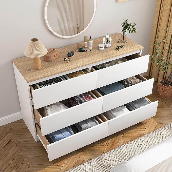 White Dresser for Bedroom, Modern Large 6 Drawer Dresser with Deep Drawer,Chest of Drawers,Wood Bedroom Storage Organizer Furniture,TV Stand for Living Room