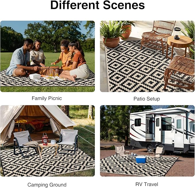 OLANLY Waterproof Outdoor Rug 8x10 ft, Outdoor Plastic Straw Rug for Camping, RV Mat Outside, Outdoor Carpet for Porch, Deck, Backyard, Balcony, Picnic, Black & Beige