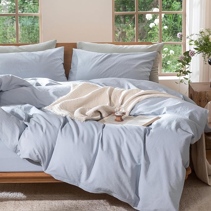 MooMee Bedding Duvet Cover Set 100% Washed Cotton Linen Like Textured Breathable Durable Soft Comfy (Heathered Cornflower Blue, Oversized Queen 98"x98")