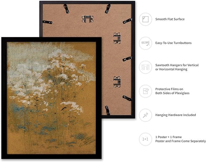 Poster Master Vintage Wild Flowers Poster - Retro Tonal Botanical Painting Print - Abstract Art - Floral Art - Farmhouse Art - Aesthetic Flower Shop or Living Room Wall Decor, 8x10 Black Framed