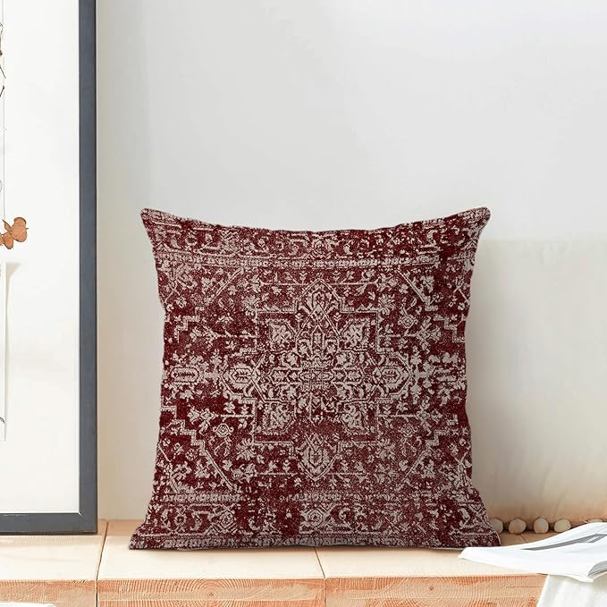 Boho Throw Pillow Covers 18x18 Inch Set of 2, Carpet Pattern Wine Red Decorative Throw Pillow Covers Christmas Burgandy Red Linen Outdoor Cushion Cover for Sofa Couch Farmhouse Room Bed Decor