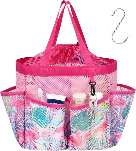 F-color Mesh Shower Caddy Portable with Drawstring - Upgrade Deeper 7 Pockets Dorm Room Essentials for Guys Girls with S Hook, Shower Bag Basket Tote for College Camping Bathroom, Pink Flamingo