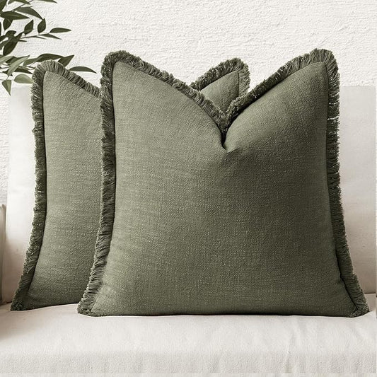 MIULEE Decorative Throw Pillow Covers Neutral Linen Fringe Throw Pillows Euro Shams Set of 2 Olive Green Boho Farmhouse Cushion Covers for Couch Sofa Bed Living Room Spring Home Decor 22x22 Inch