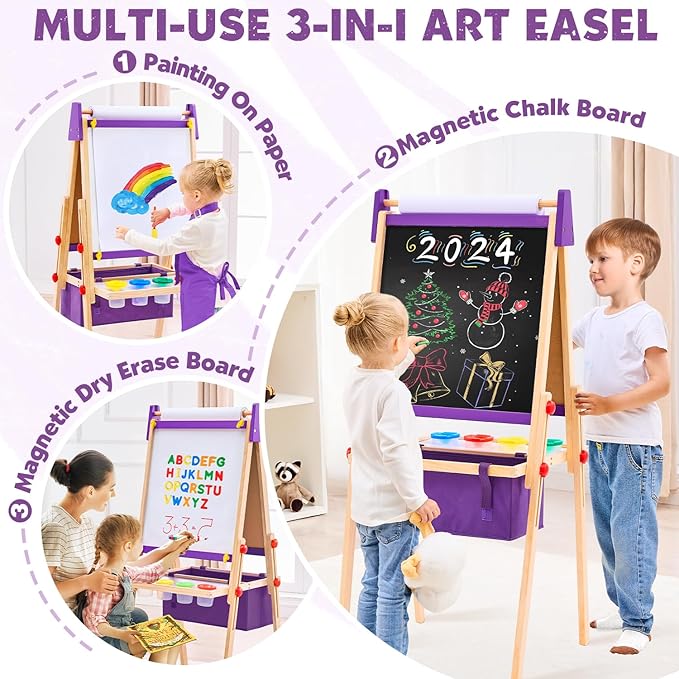 Easel for Kids, Adjustable Standing Art Easel with Magnetic Chalkboard & Whiteboard, Dry-Erase Board, Paper Roll, Drawing & Painting Easel for Kids Ages 3 4-8 9-12, Purple w/Bag