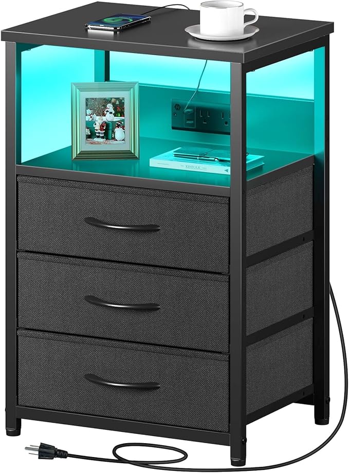 Seventable Nightstand with Charging Station and LED Light, Side Table with 3 Fabric Drawers, Bedside End Table with USB Ports and Outlets, Night Stand for Bedroom, Black