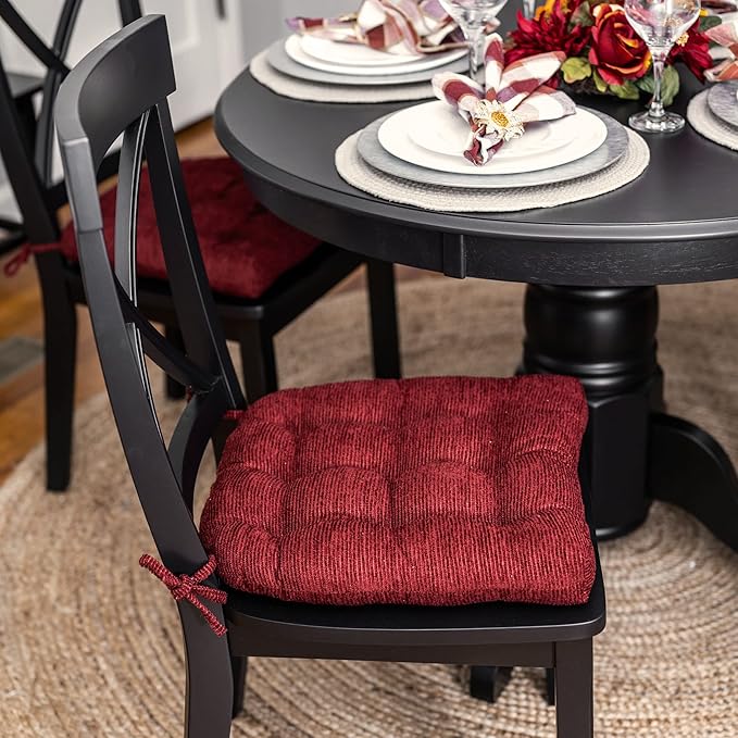 Barnett Home Decor Chenille Rib Claret Red Dining Chair Cushions with Ties - 16.5 x 18 Size Medium Chair Pad - Latex Foam Fill, Reversible - Made in USA