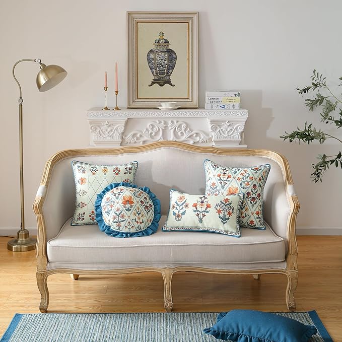 Design Square Linen Throw Pillow Covers 18"x18" Pack of 2, Blue Floral Country Cushion Covers with Colorful Wildflower Pattern Decor Pillowcases for Bed,Living Room,Outdoor,Car