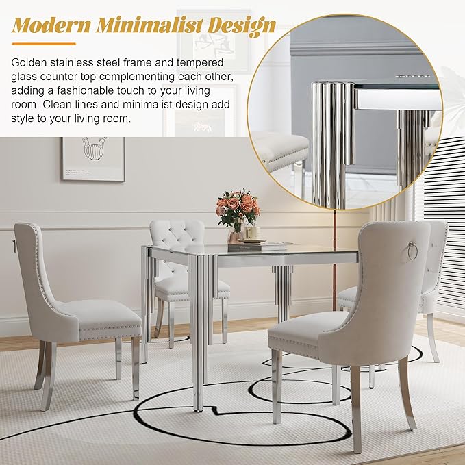 5 Piece Glass Dining Table Set, Morden Kitchen Table Set for 4 with 35" Clear Glass Dining Table and 4 White Velvet Upholstered Chairs for Kitchen, Silver Legs