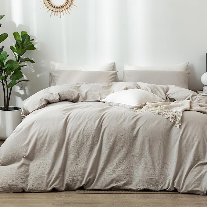 MooMee Bedding Duvet Cover Set 100% Washed Cotton Linen Like Textured Breathable Durable Soft Comfy (Heathered Cream Grey, Super King 108"x98")