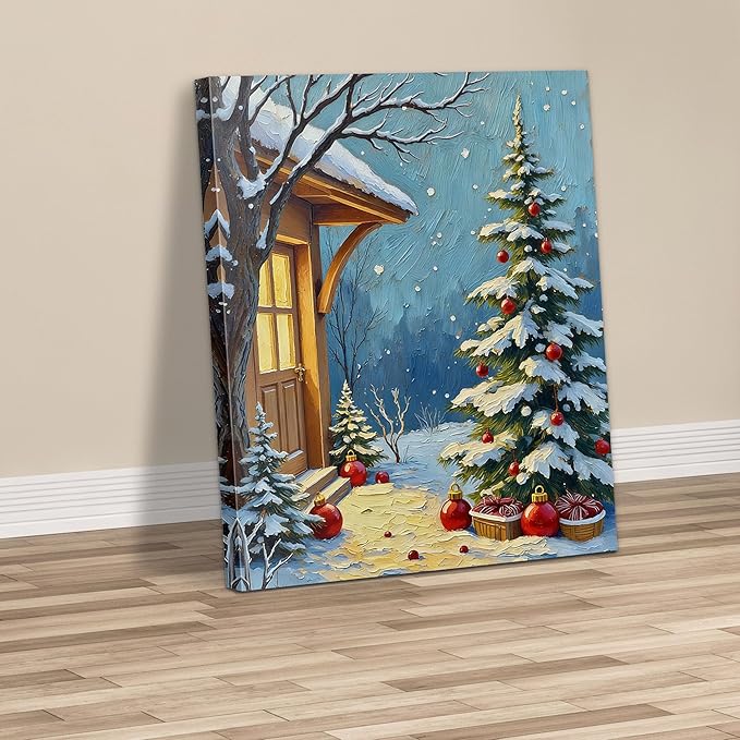 Framed Christmas Pictures Wall Decor,Vintage Pine Tree Prints,Winter Christmas Canvas Wall Art Decoration for Bedroom Bathroom Living Room Rustic Xmas Holiday Gifts (Christmas Tree 21, 20'' X 32'')