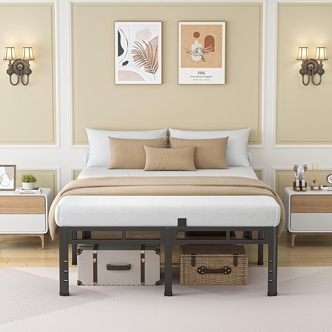 NKZ 18 Inch Queen Size Bed Frame, Metal Bed Frame & Box Spring 2 in 1 Platform with Round Corner Legs, 4000Lbs Heavy Duty Metal Frame, Mattress Slide Stopper, Headboard Hole, Noise-Free, Easy Assembly