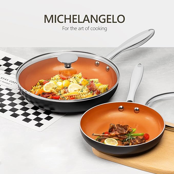MICHELANGELO 10 Inch Copper Nonstick Frying Pan with Lid, Scratch Resistant Ceramic Coating, Oven and Dishwasher Safe