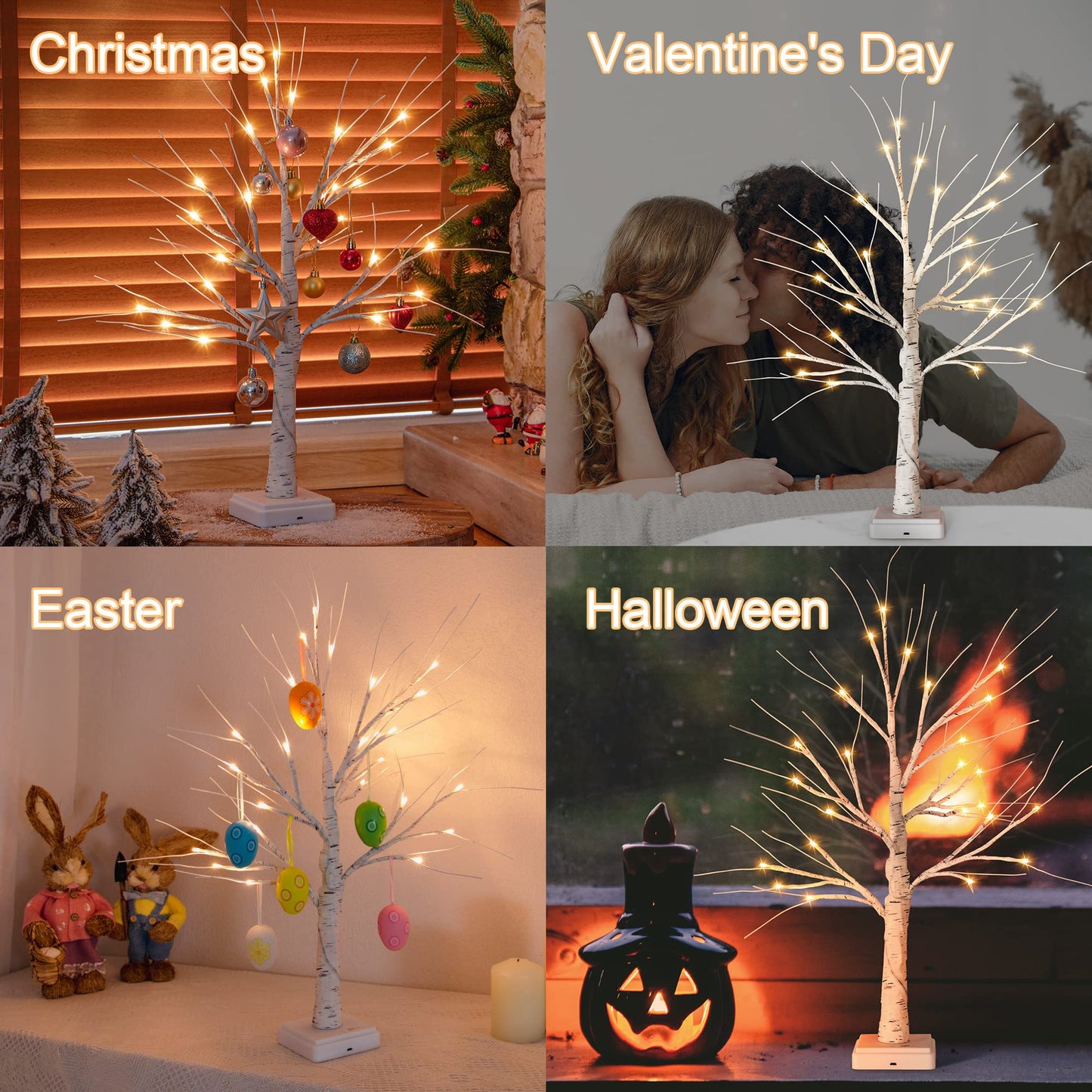 Woohaha Birch Tree Christmas Decorations Indoor for Home,2ft 24LED Warm White Light Up Birch Tree，Battery&USB Tabletop Timer Artificial Mini Christmas Tree with Lights for Holiday Party Wedding