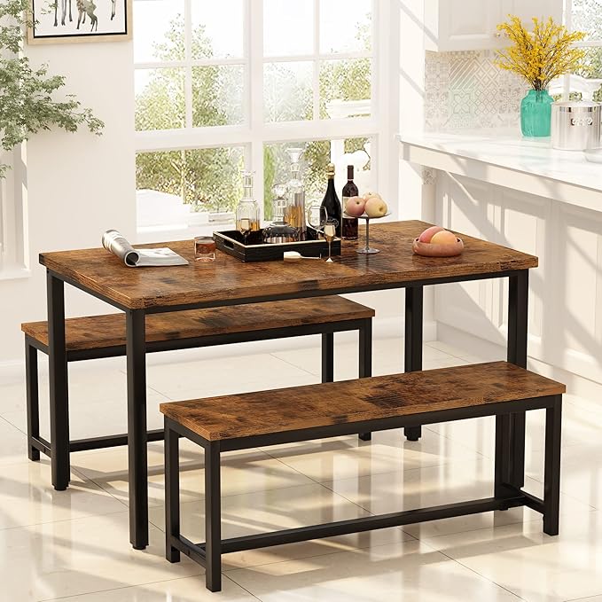 AWQM Dining Room Table Set, Kitchen Table Set with 2 Benches, Ideal for Home, Kitchen and Dining Room, Breakfast Table of 47.2x28.7x28.7 inches, Benches of 40.5x11.0x17.7 inches, Rustic Brown