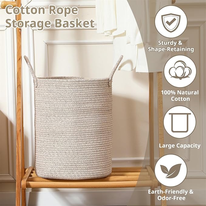 40L Woven Laundry Basket Hamper, 100% Natural Cotton Rope, Handwoven & Durable, Storage for Blankets, Toys, Clothes, Decorative Nursery Hamper for Living Room, Baby Room, Bedroom (Brown and White)