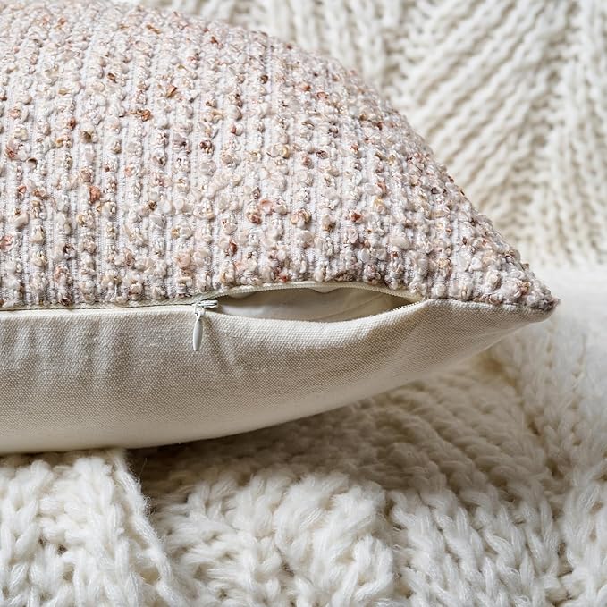 Striped Throw Pillow Covers 20x20 Set of 2 Beige Textured Boucle Chic Morden Boho Accent Farmhouse Square Decorative Couch Pillow Covers for Home Decor Bed Sofa Living Room