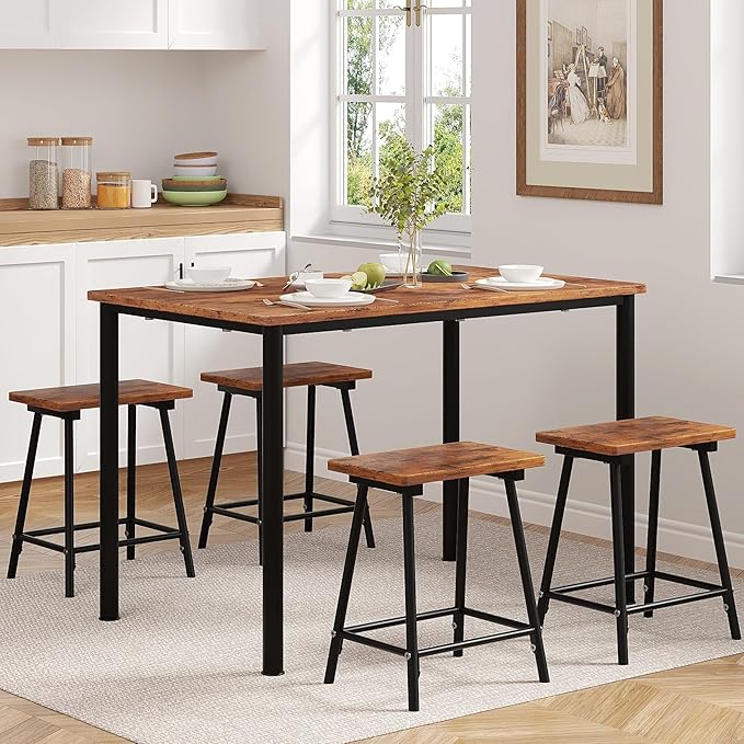 VECELO Kitchen Table and Chairs for 4, Dining Room Set with Chairs/Stools, Heavy-Duty Metal Frame with Wooden Tabletop for Small Spaces, Easy Assembly, Retro Brown