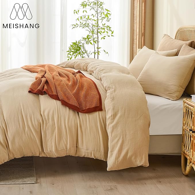 MEISHANG Muslin Duvet Cover Queen Size - 100% Organic Cotton, Soft Textured Gauze Weave Comforter Cover for Breathable All-Season with Zipper Closure - 3 Piece Set (Queen, Linen)