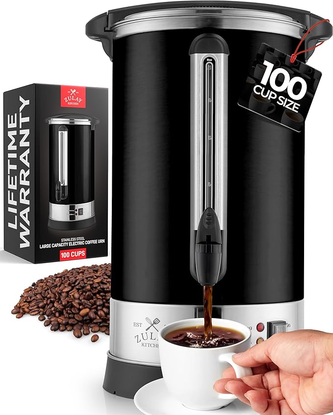 Zulay Commercial Coffee Maker - 100 Cup Coffee Percolator With Double-Wall Stainless Steel & Twist-Lock Lid - Quick Brewing Coffee Urn With Keep-Warm Mode For Events & Catering - Black