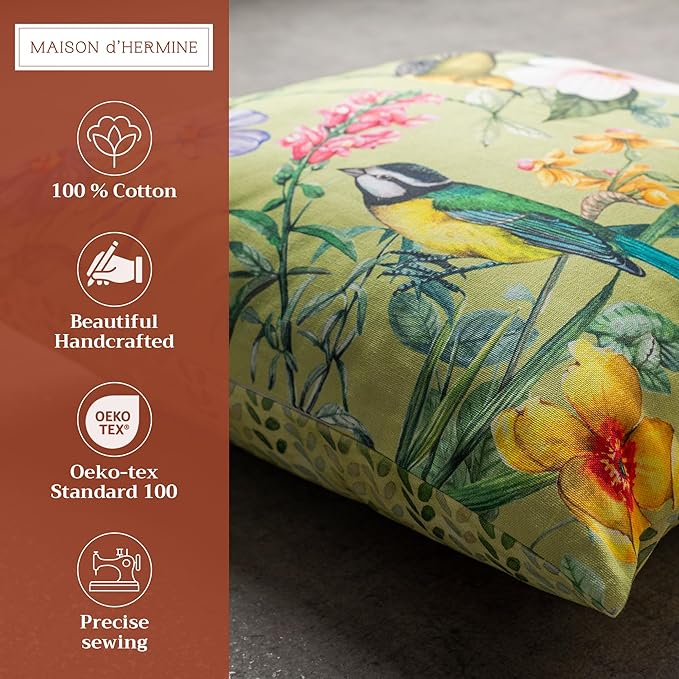 Maison d' Hermine Decorative Pillow Covers 20x20 Inch Square 100% Cotton Throw Pillow Covers with Invisible Zipper for Living Room Couch, Chair, Sofas, Bedroom, Home (Hesperides - Oiseaux)