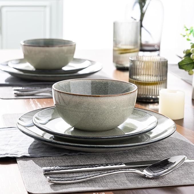 AmorArc Ceramic Dinnerware Sets for 8, 24 Pieces Handpainted Stoneware Plates and Bowls Set, Scratch Resistant Dishes Set, Dishwasher & Microwave Safe, Reactive Color