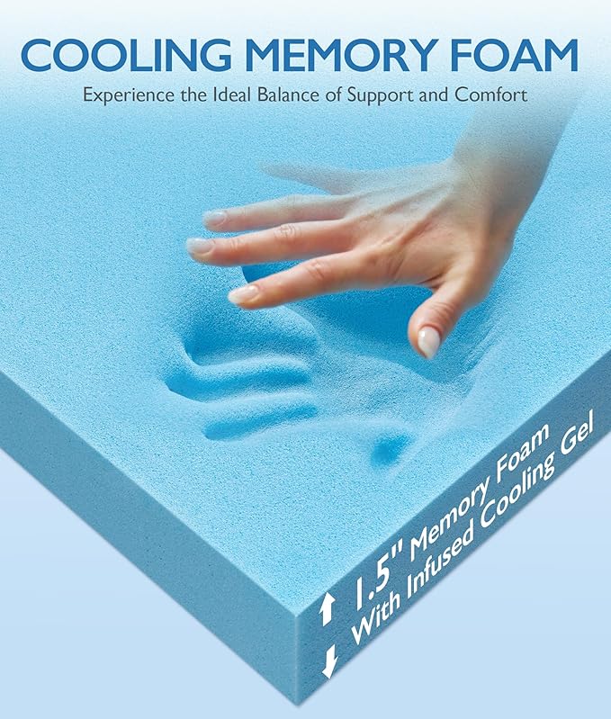 SINWEEK 1.5 Inch Twin Cooling Memory Foam Mattress Topper for Pressure Relief, Thick Bed Mattress Pad with Cooling Soft Cover and Adjustable Straps, CertiPUR-US Certified