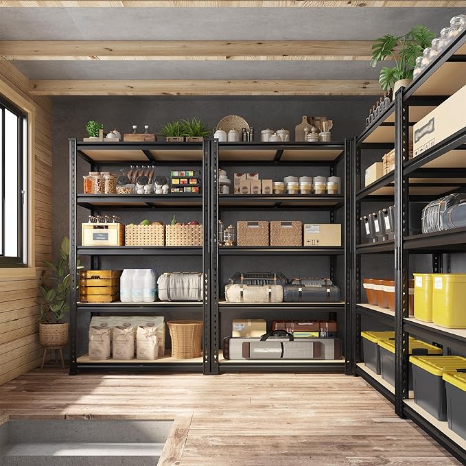 Set of 2 Storage Shelves, 27.7"W Metal Shelving 2010LBS Garage Shelving Heavy Duty Garage Shelves Adjustable Metal Shelf for Pantry Kitchen Closet Basement Warehouse 11.9"D × 27.7"W × 60"H