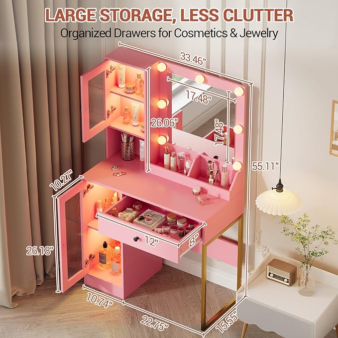 Vanity Desk with Mirror and Lights, Makeup Dressing Table w/Adjustable Bulbs, Outlets & USB Ports, Sturdy MDF Top & Metal Leg, Smart Storage Drawers & Cabinets for Bedroom
