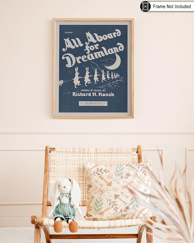 Poster Master All Aboard For Dreamland Poster - Retro Children's Lullaby Print - Story Book Art - Bunny Art - Rabbit Art - Aesthetic Art - Kid's Bedroom or Nursery Wall Decor - 8x10 UNFRAMED Wall Art