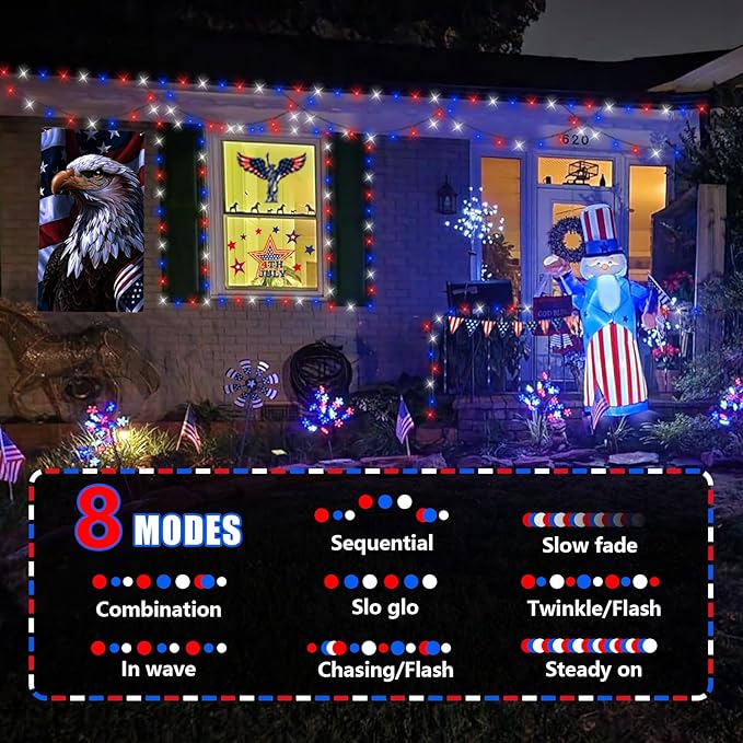 QITONG 500 LED Red White and Blue String Lights, 165ft 4th of July Decorations Lights Plug in Outdoor Indoor, 8 Modes Patriotic Light Green Wire for Independence Memorial Day Decor
