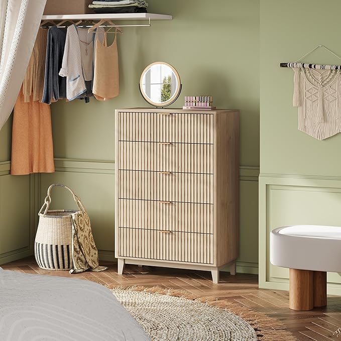 WLIVE Fluted Dresser for Bedroom with 5 Drawers, 46.26" Tall Wood Dresser with Golden Metal Handles, Mid Century Modern Chest of Drawers for Living Room, Hallway, Closet, Natural Oak