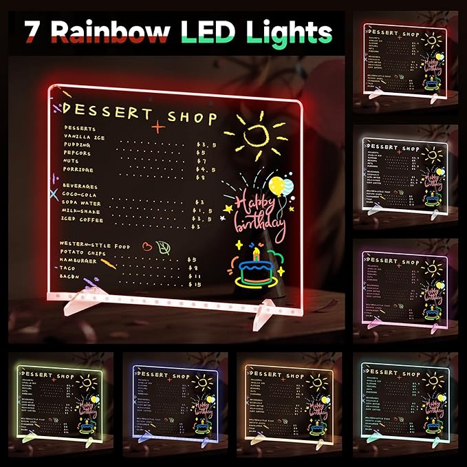 Lumiboard Led Drawing Board for Kids,13.7"*10.1"Acrylic Light Up Drawing Dry Erase Board for Kid,Doodle Board with 7 Lights, 4 Dynamic Modes Led Message Writing Board Led Note Board for Office/School